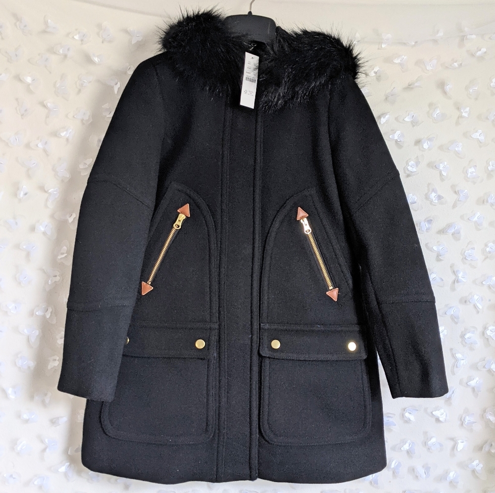 J. Crew Stadium Wool Chateau Parka Coat Black Hooded Faux Fur Trim Size 00 NEW - Picture 5 of 7